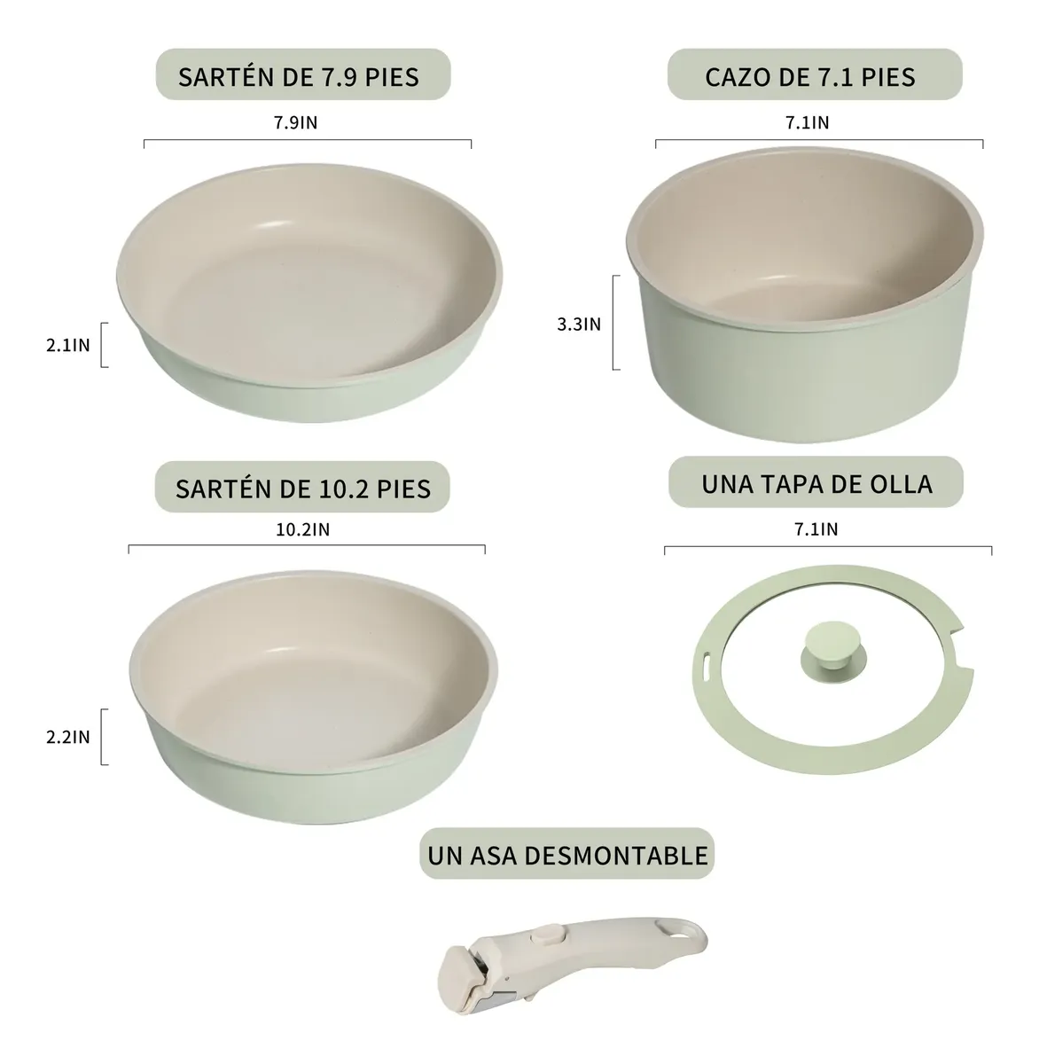3 ollas verdes, tapa de vidrio y asa desmontable